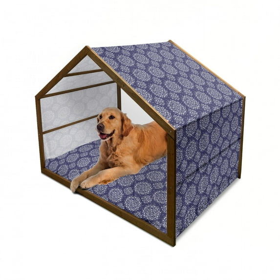 Navy and White Pet House, Scroll Pattern with Little Rural Wildflowers and Buds Feminine Corsage, Outdoor & Indoor Portable Dog Kennel with Pillow and Cover, 5 Sizes, Indigo White, by Ambesonne