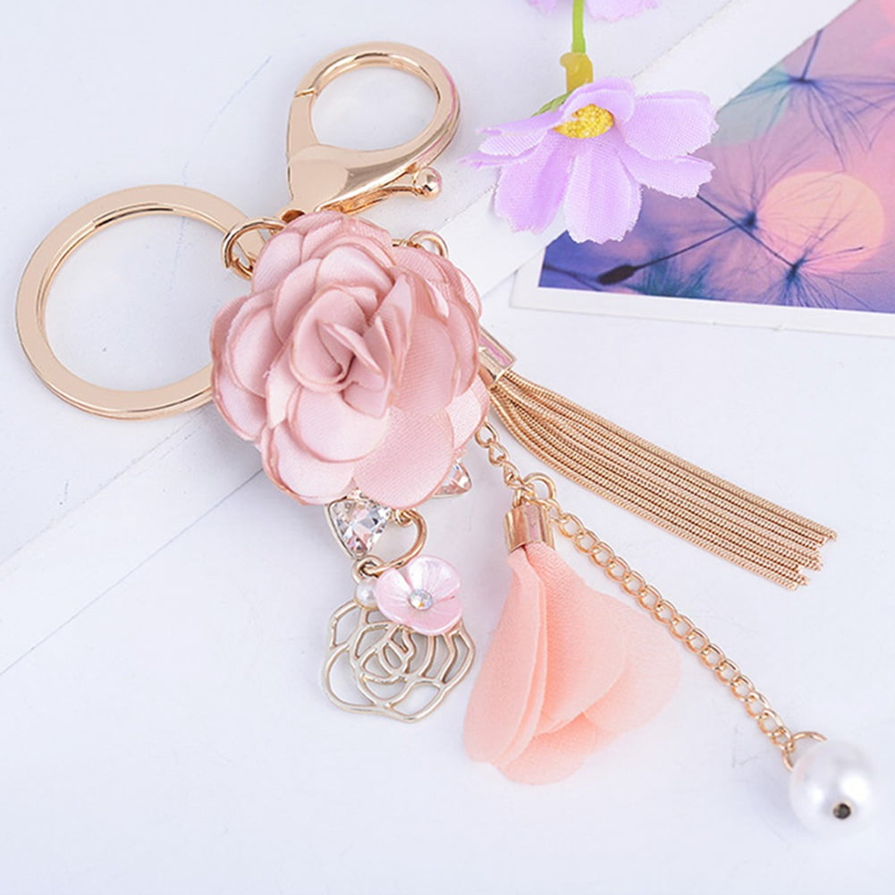 Charm Rose Flowers Tassel PU Leather Keychain Handbag Pendant Car Key Ring#