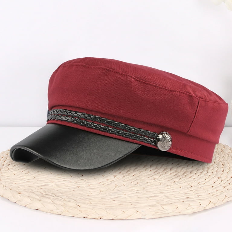 Mightlink Spring Autumn Women Captain Cap Faux Leather Brim Flat