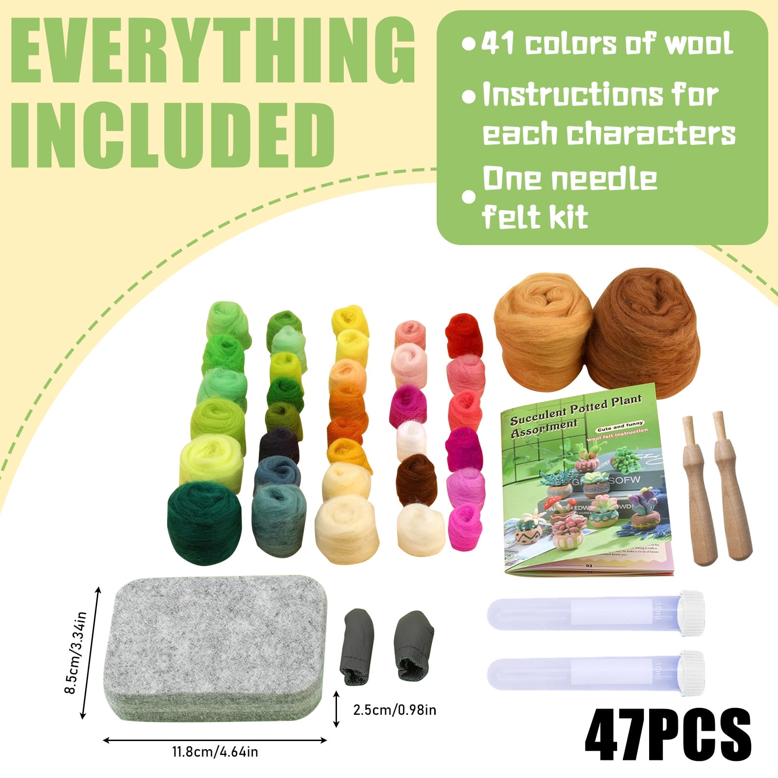 15 Pieces Succulent Plants Needle Felting Kit, Wool Felting Kit with Pad, Finger Cots, Needle, Wooden Felting Tool, Instruction, Needle Felt Start Kit Supplies for Beginners Adult DIY Decor