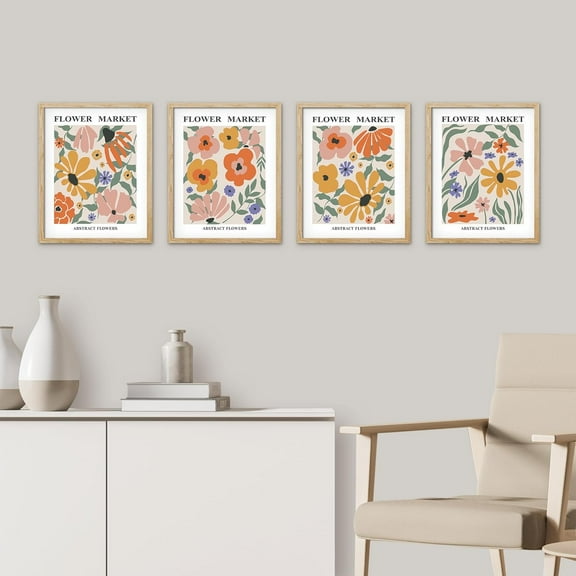 PixonSign Framed Wall Art, Flower Market Abstract Posters, Set of 4 Floral Botanical Prints Cartoon Colorful Wall Decor, Minimalist Wall Décor for Living Room, Brdroom, Bathroom - 8"x10" Natural