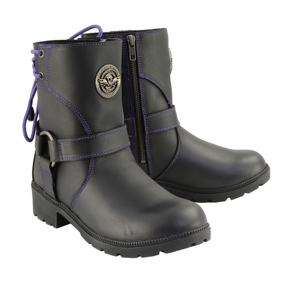 Milwaukee Leather MBL9317 Women's Black Leather Harness Zip-Up Motorcycle Rider Boots w/ Purple Back Laces 8.5