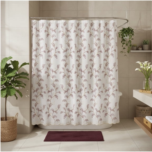Serafina Home Decorative Sheer Fabric Shower Curtain: Two Toned Burgundy Red and Gold Embroidered Leaves with Metallic Threading