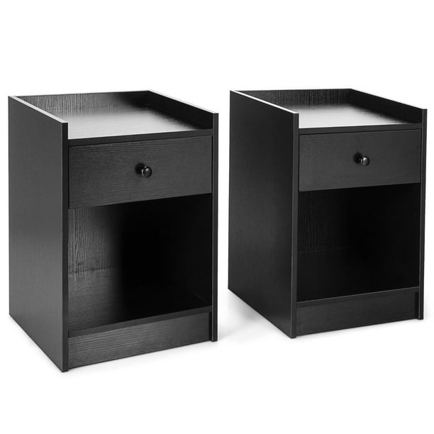 Set de 2 Mesitas de Noche Costway Mesillas Auxiliares Con Cajón y Compartimiento Abierto Negro 43 x 40 x 60 cm