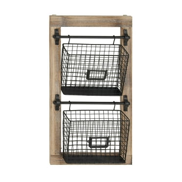 DecMode 25" Black Wood 2 Slots Magazine Rack Holder with Suspended Baskets and Label Slot