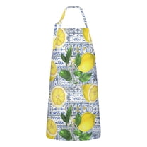 Yellow Lemon Fruit Tiles Blue Pattern Apron-Garden Aprons for Women with Pockets-Cotton Linen Waterproof Kitchen Cooking Gardening Aprons Adjustable for Kitchen,Cooking,BBQ and Salon 33x27 Inch