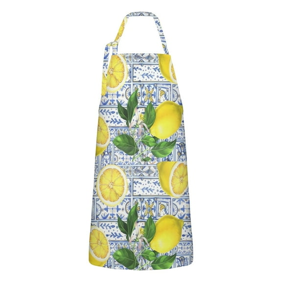 Yellow Lemon Fruit Tiles Blue Pattern Apron-Garden Aprons for Women with Pockets-Cotton Linen Waterproof Kitchen Cooking Gardening Aprons Adjustable for Kitchen,Cooking,BBQ and Salon 33x27 Inch