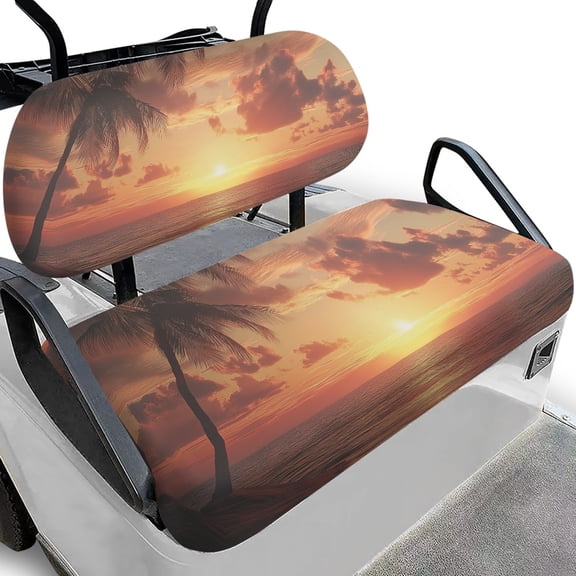 Pzuqiu Tropical Beach Sunset Golf Cart Seat Cover Set - Breathable Stretchable 2-Piece Kit - Universal Fit for EZGO, Club Car, Yamaha | All-Weather Golf Cart Accessory