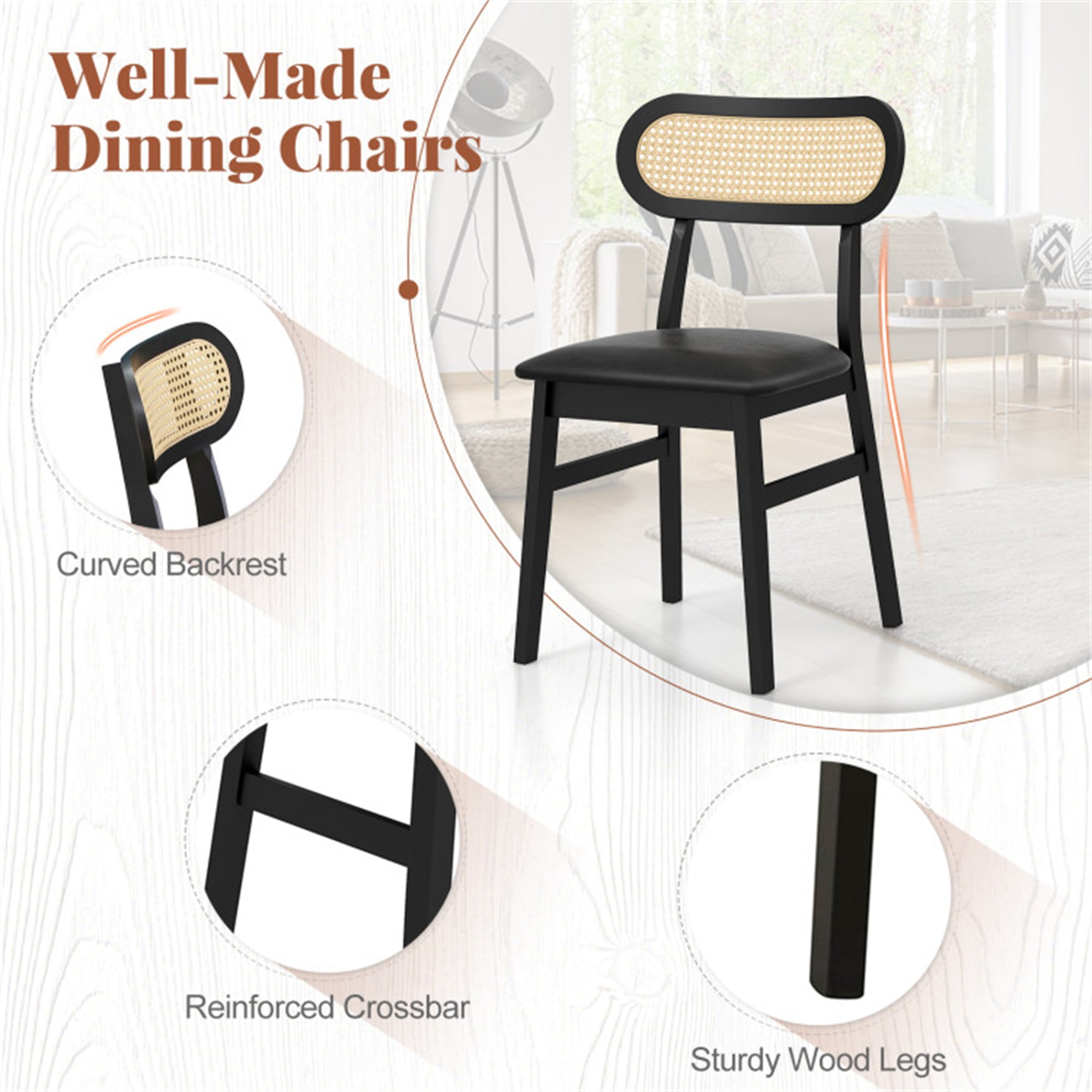 Demi Bonn Set of 2 Indoor Mid Century Wood Dining Chairs with Breathable Mesh Cane Backrest for Dining Room, Black