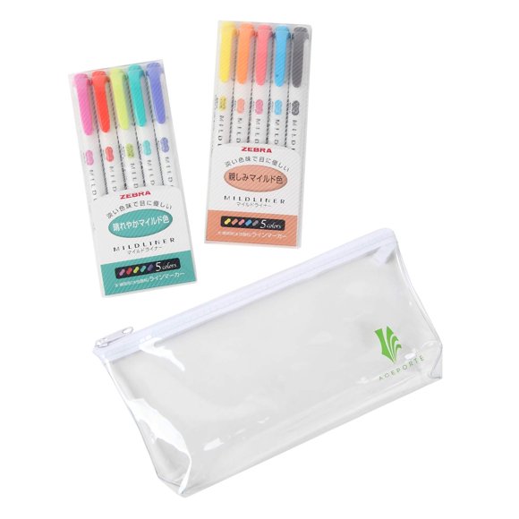 ZEBRA MILDLINER Marqueurs de Stylo Surligneur, Lot de 2 (WKT7-N-5C / WKT7-5C-HC) Ensemble de 10 Couleurs avec Étui de Stylo en Vinyle Original