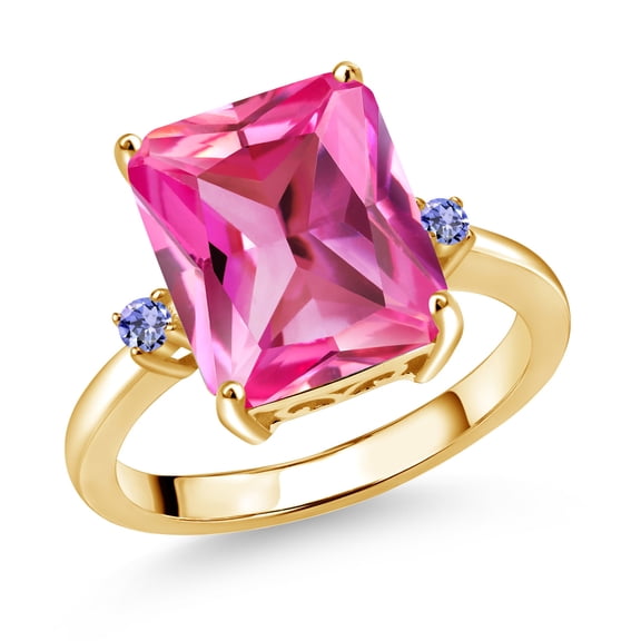 Gem Stone King 18K Yellow Gold Plated Silver 12X10MM Pink Created Sapphire and 2MM Blue Tanzanite 3 Stone Engagement Ring for Women | 6.68 Cttw | Gemstone September Birthstone | Size 7