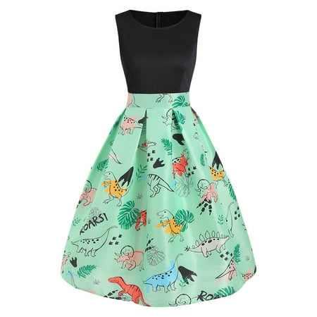 Multi Heart Dress - Women Dinosaur Print Sleeveless A Line Dress