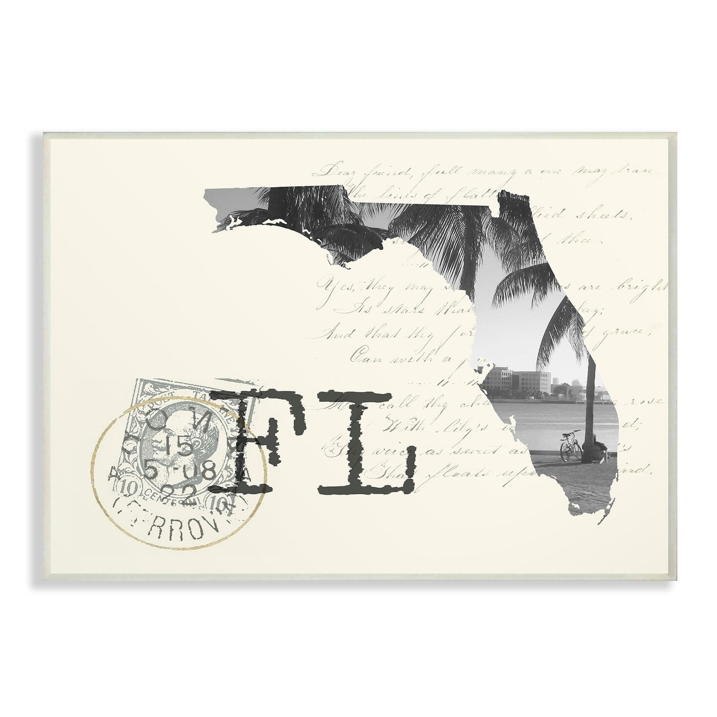 The Stupell Home Decor Florida Black and White Photograph on Cream Paper Postcard Wall Plaque Art
