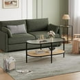 thumbnail image 7 of 37" Oval Coffee Table with 2-Tier Rattan Shelf & Water-Wave Glass Top, Boho End Table with Metal Frame for Living Room or Office, 7 of 7