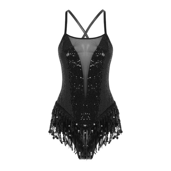 Iiniim Sparkly Sequin Fringe Latin Dance Bodysuit, Black, Large