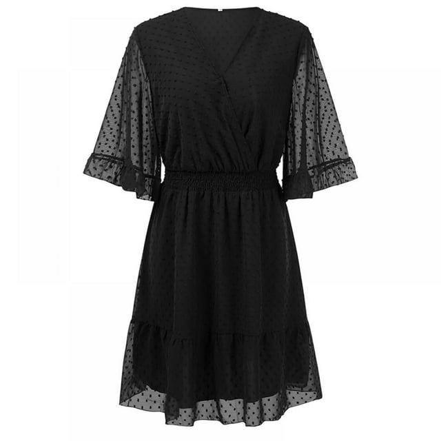 Robe Mini Femme Taille Élastique Volants Robe de Soirée Coupe Ample Imprimé à Pois Col en V Manches Courtes Robe Fluide
