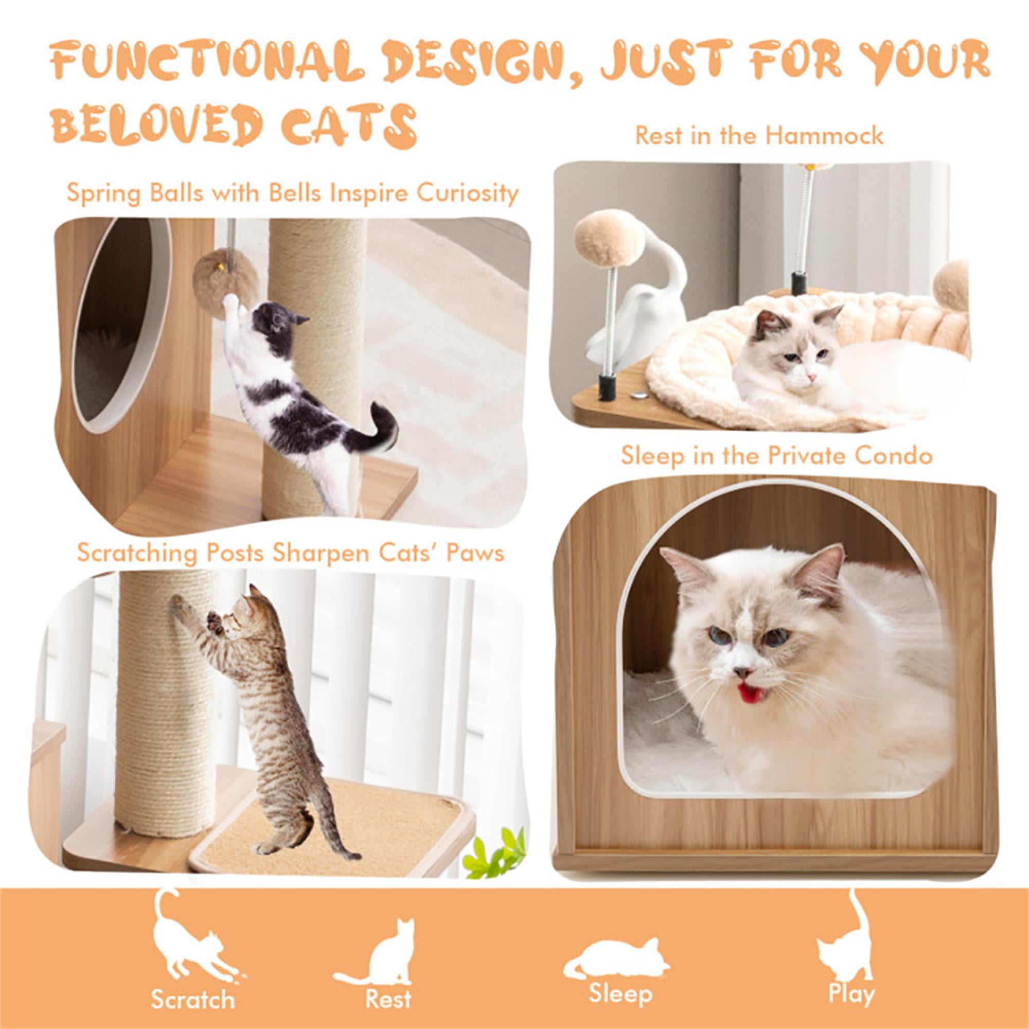 Kadyn 52" Wood Cat Tree Tower for Indoor Cats with Scratching Posts Washable Detachable Cushion, Teasing Balls, Modern Cat Condo Furniture for Large Cat, Beige