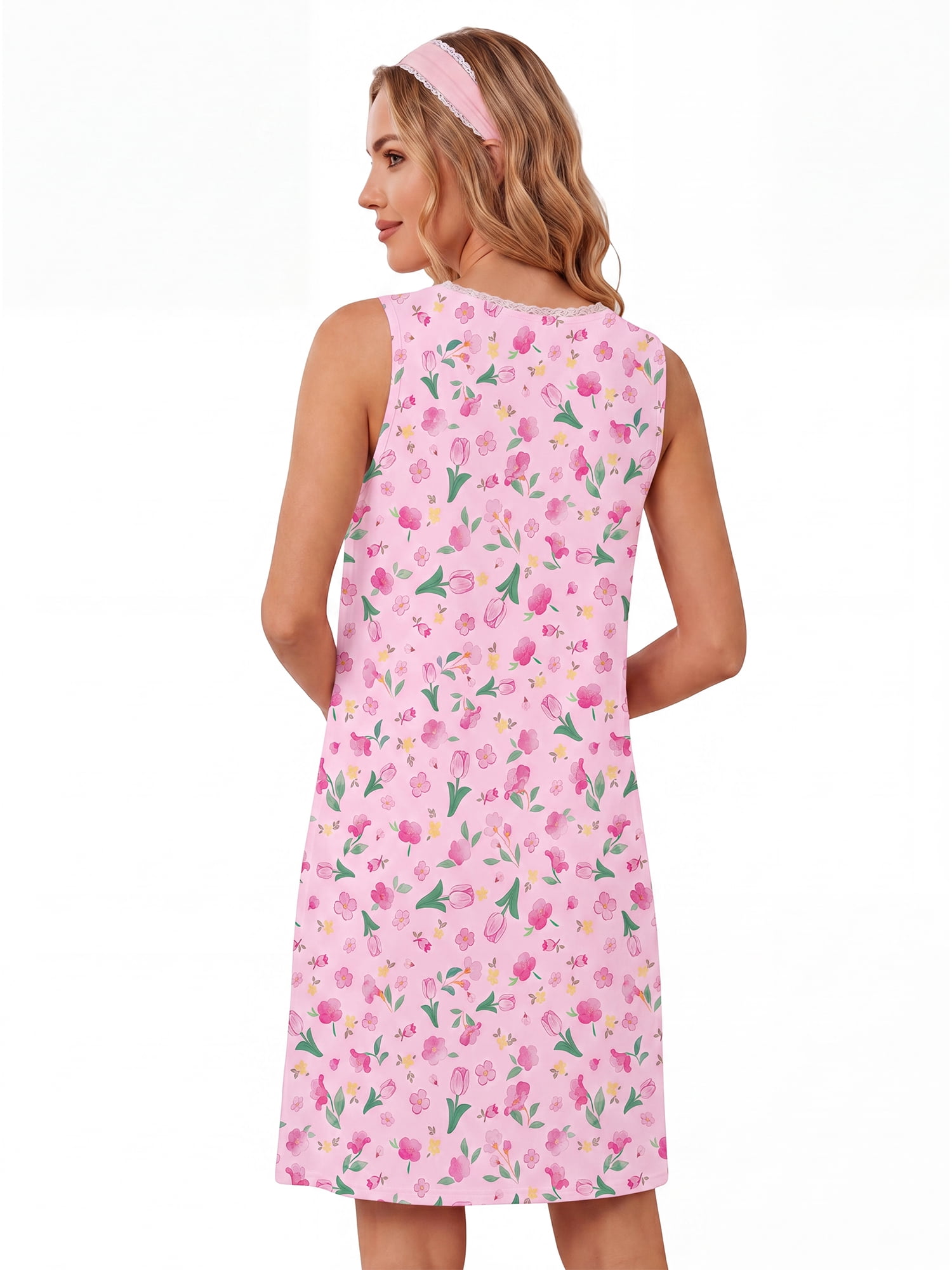 DAKIMOE Cotton Nightgowns for Women Seeveless Tank Night Gowns Lace Button Soft Print Sleep ShirtsSleep Dress House Dress with Pockets S-3XL, Floral Pink