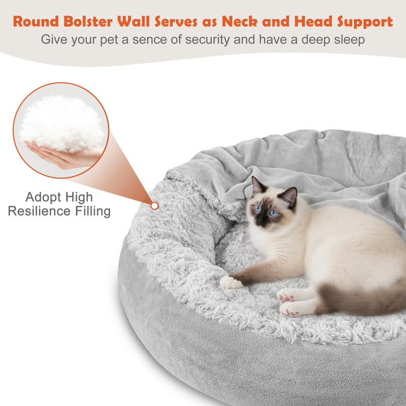 Small Dog Bed Cat Bed with Hooded Blanket, Cozy Cuddler Luxury Puppy Pet Bed, Donut Round Calming Anti-Anxiety Dog Burrow Cave Bed, Machine Washable, Anti-Slip Bottom, Gray, 23inch