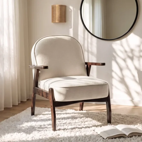 HASLE Accent Chair, Mid Century Modern Armchair, Upholstered Reading Chair with Solid Wood Frame and Arms, Comfy Lounge Chair for Living Room, Bedroom, Office, Beige