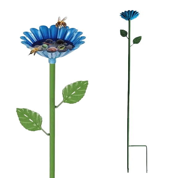 Haidf Bee Watering Station, Metal Bee Watering Cups with Flower Design, Elegant Bee Bath Bowl for Outdoor Garden Yard Lawn Decor, Bee Baths for Garden, Butterfly Feeder, 25.2", Blue