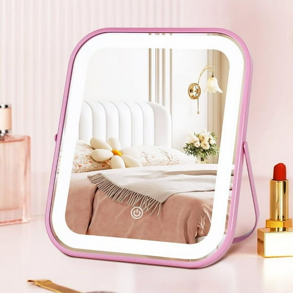 Espejo de tocador LED rosa YEKKOPT para maquillaje, 25 x 20 cm, con luces
