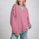 thumbnail image 3 of Camisa deportiva de manga larga con cuello redondo y bloques de color a rayas de gran tamaño para mujer, camiseta informal holgada, 3 of 4