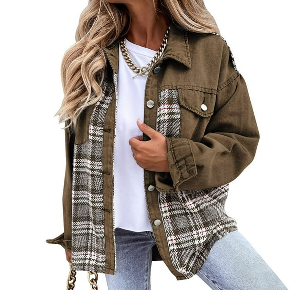 Jacenvly Spring Womens Jackets Fleece Plaid Denim Jacket Soft Warm Long Sleeve Outerwear Lapels Pocket Button up Coats New Style Thigh Length Blouse