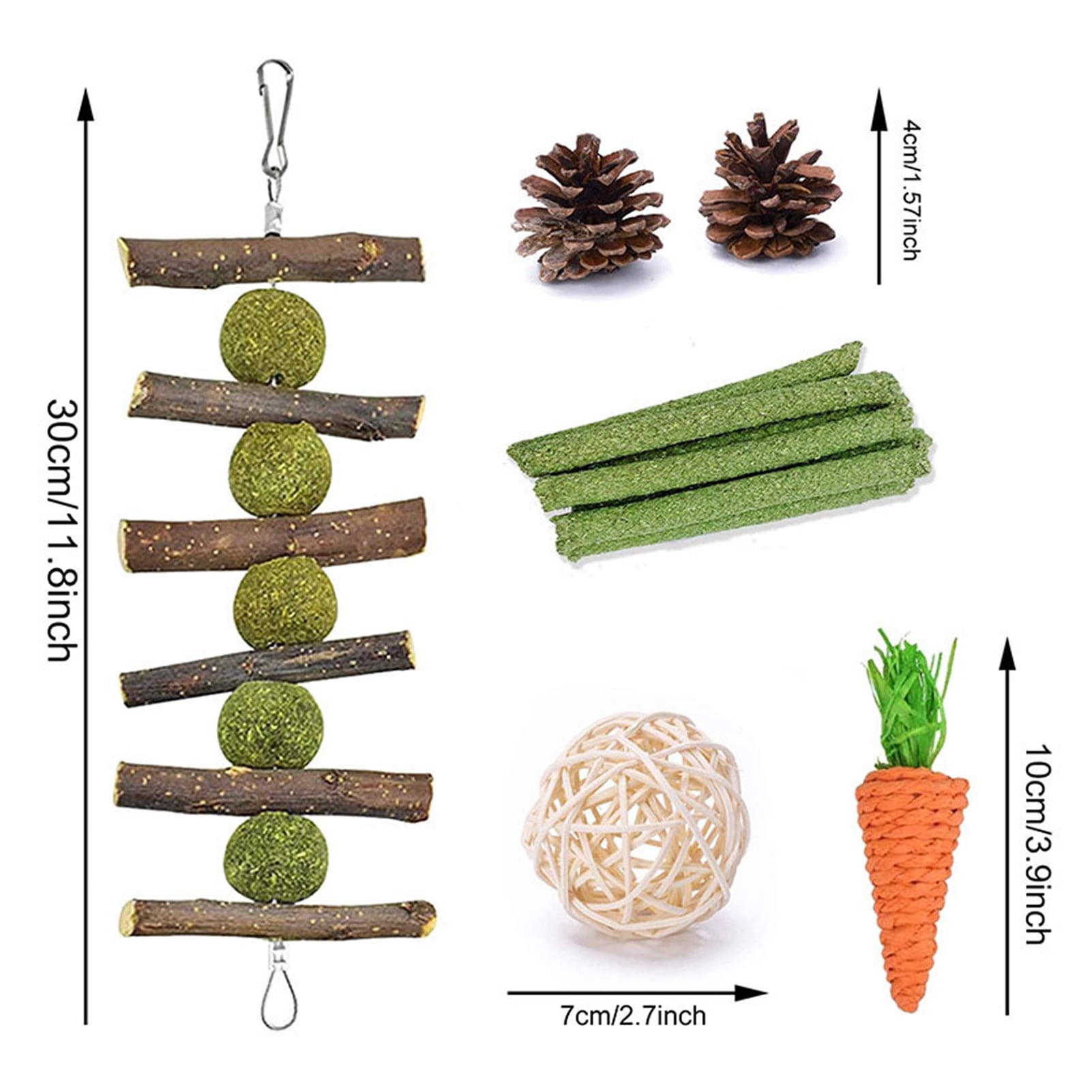 DOPI 6Pcs Bunny Toys Carrot Pine Cones Balls Natural Wood Molar Toys Hamster Play Chew Toys Pet Toys
