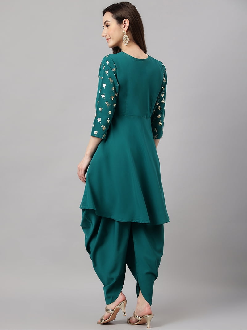 green dhoti dress for women Janasya Indian Women's Peacock Green Crepe Foil Print Kurta with Dhoti Pant