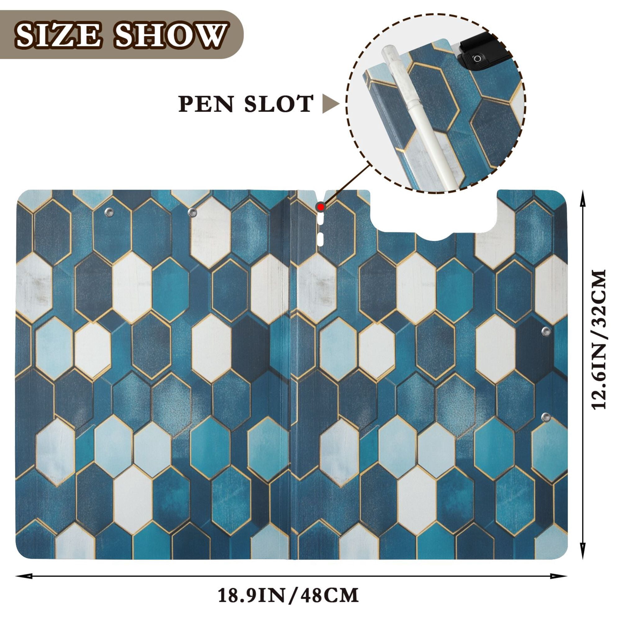 FORMRS A4 Clipboard Folder with Pen Holder Horizontal Foldable School Office Binder, Dark Blue Hexagon Patterns