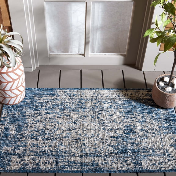 SAFAVIEH Courtyard Kiro Abstract Indoor/Outdoor Area Rug, Navy/Grey, 2' x 3'7"