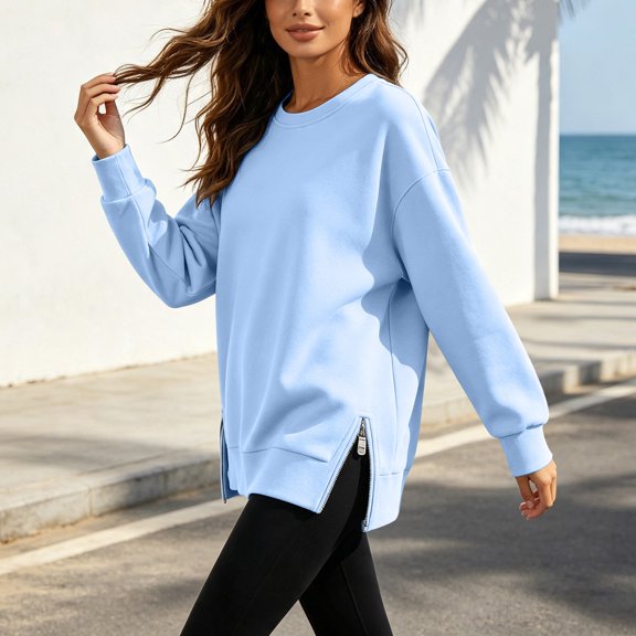 BRELIL Women's Fall Long Sleeve Pullover Tops Casual Loose Round Neck Sweatshirt Side Slit Solid Tee Shirt, Light Blue S