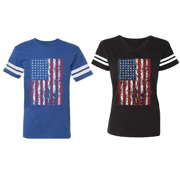 American Flag Matching Couple Cotton Jerseys (Men Royal / Women Black) (Men S / Women S)