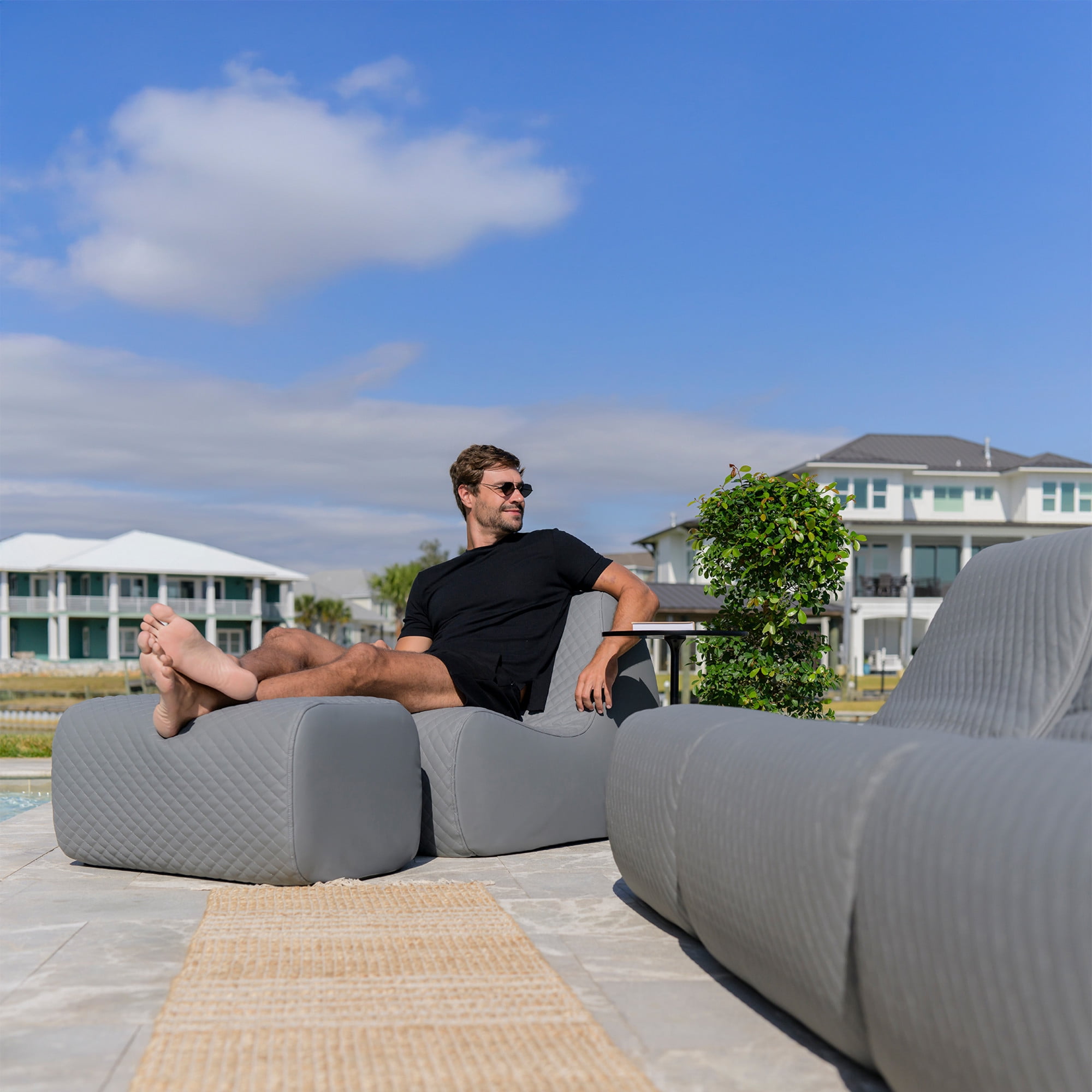 Big Joe Solvana Outdoor Sectional, 5 Piece Patio Furniture Set, Weather-Resistant Cool Touch Silicone Stitched Leather Sofa, Moonlit Gray