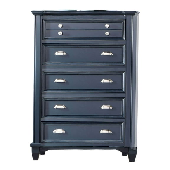 Zeny Tall Dresser Chest, 5 Drawers, Nickel Handles, Slate Blue Wood