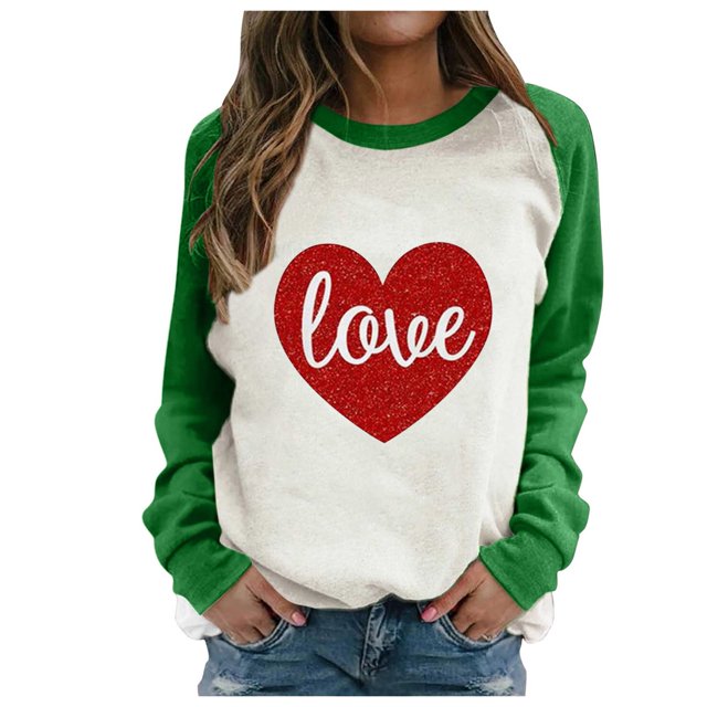 Hauts pour Femmes Décontractés Nouveau Imprimé Amour Ample Raglan Col Rond Manches Longues Sweat-Shirt Décontracté