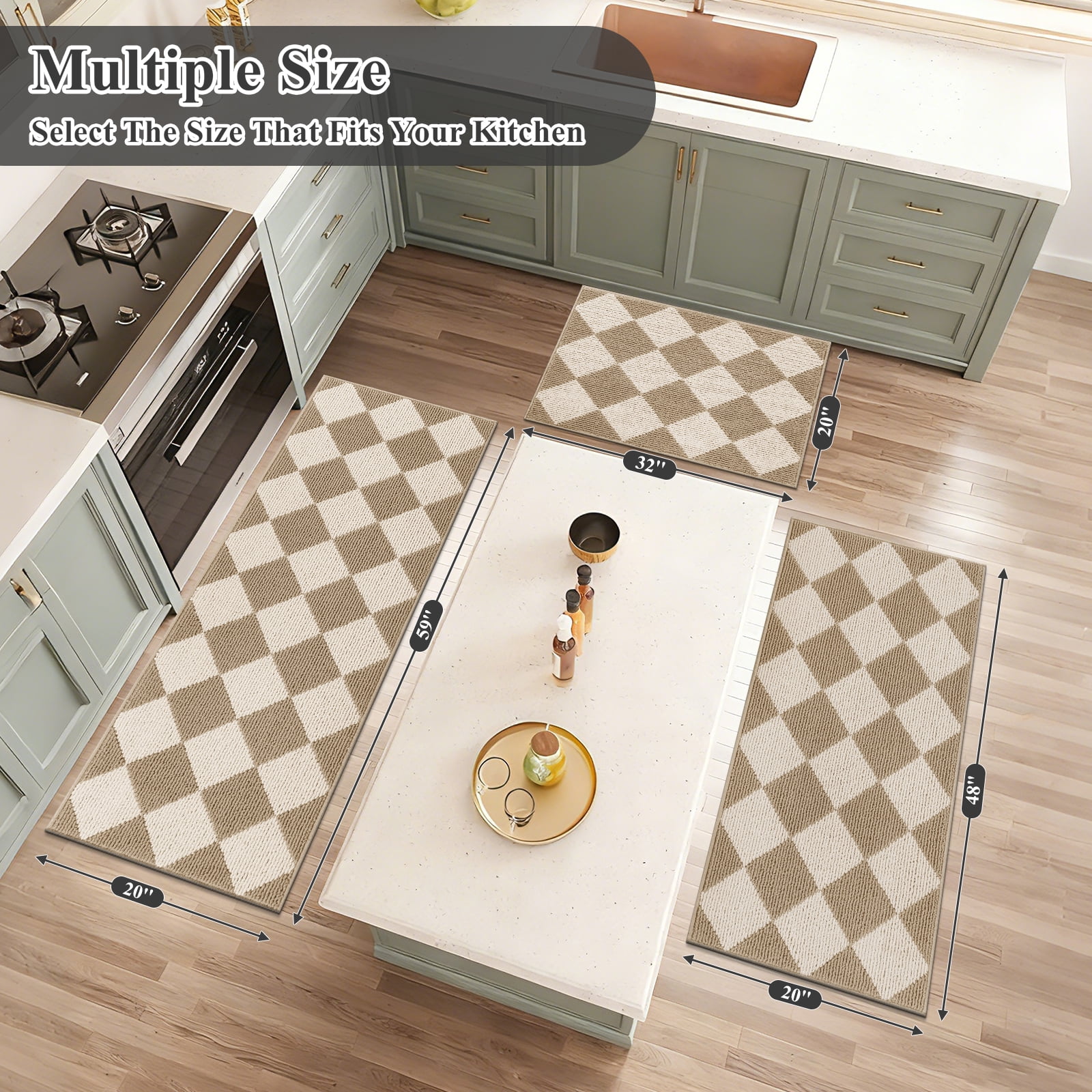 MeyJey Diamond Plaid Kitchen Rugs Sets of 3, Non Slip Kitchen Floor Mats Washable Kitchen Rug, Beige White