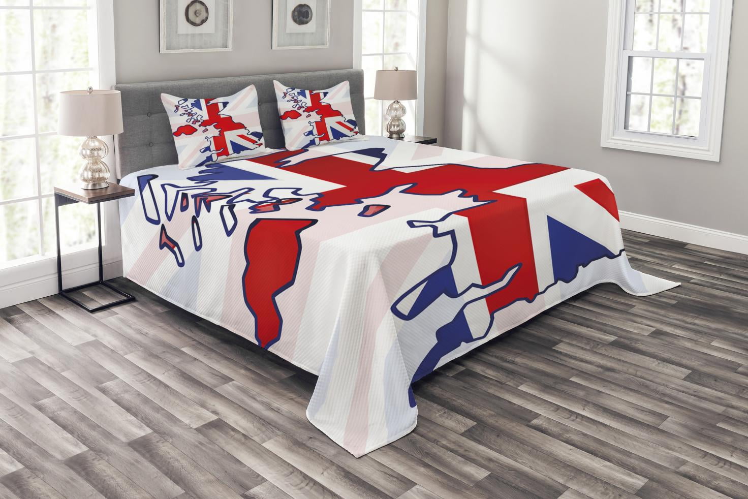 Union Jack Bedspread Set Queen Size, Faded United Kingdom Flag and