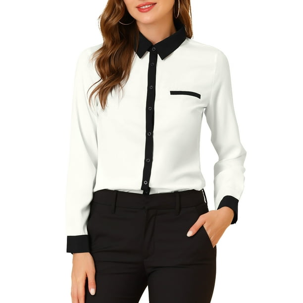 CAMISA DE TRABAJO DE MANGA LARGA CON BOTONES PARA MUJERES CHIC EN BLOQUES DE COLOR XS BLANCA