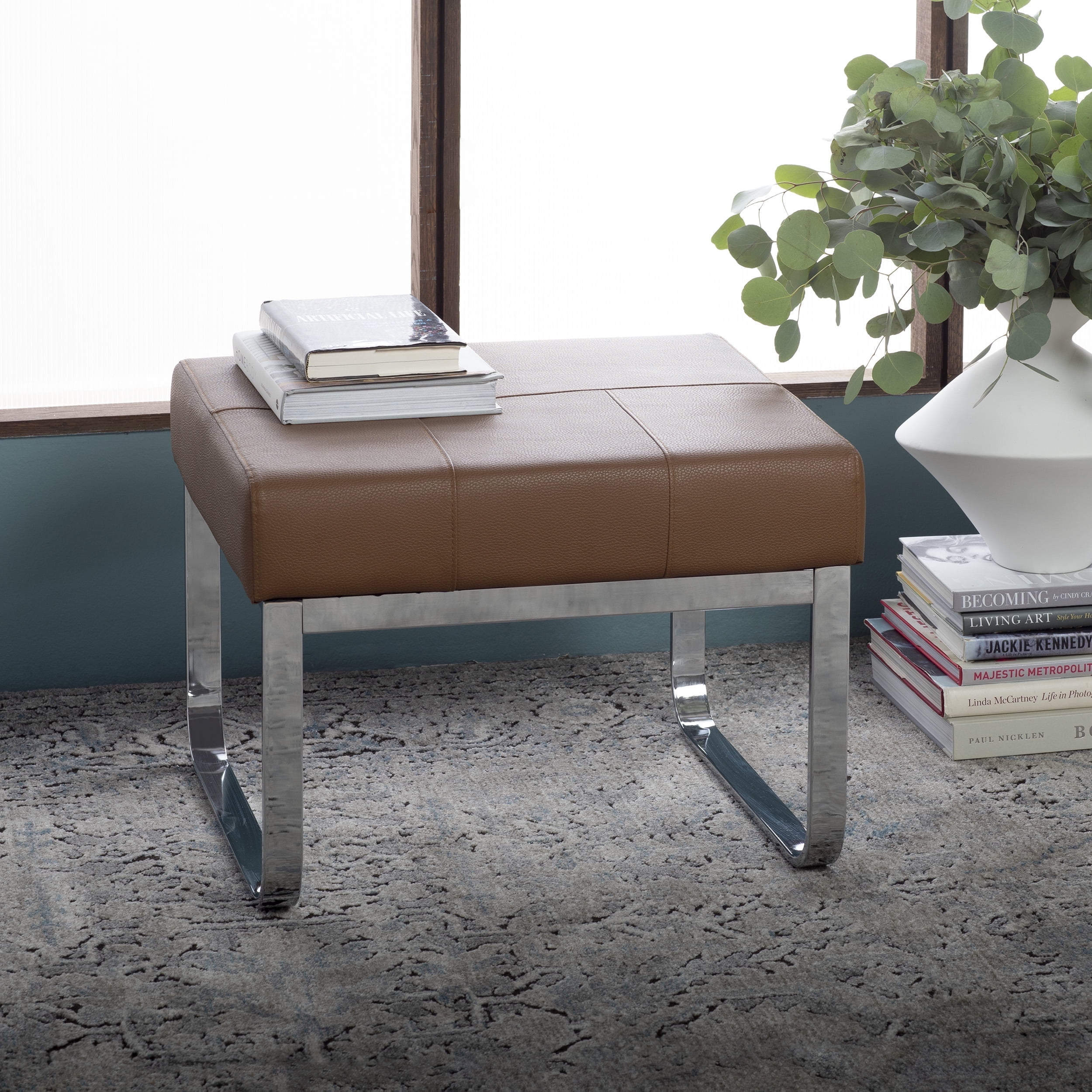 Studio Designs Home Allure Modern Rectangular Thick 5" Cushions Ottoman In Chrome and Caramel Blended Leather