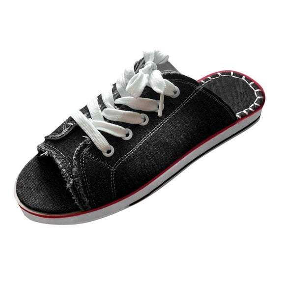 Womens Slip On Shoes,Women's Sandals,Summer Sandals for Women,Flat Sandals for Women,Cute Sandals for Women,Womens Walk Sports Casual Shoes Lace-Up Comfy Classic Canvas - Sandals,Black,6