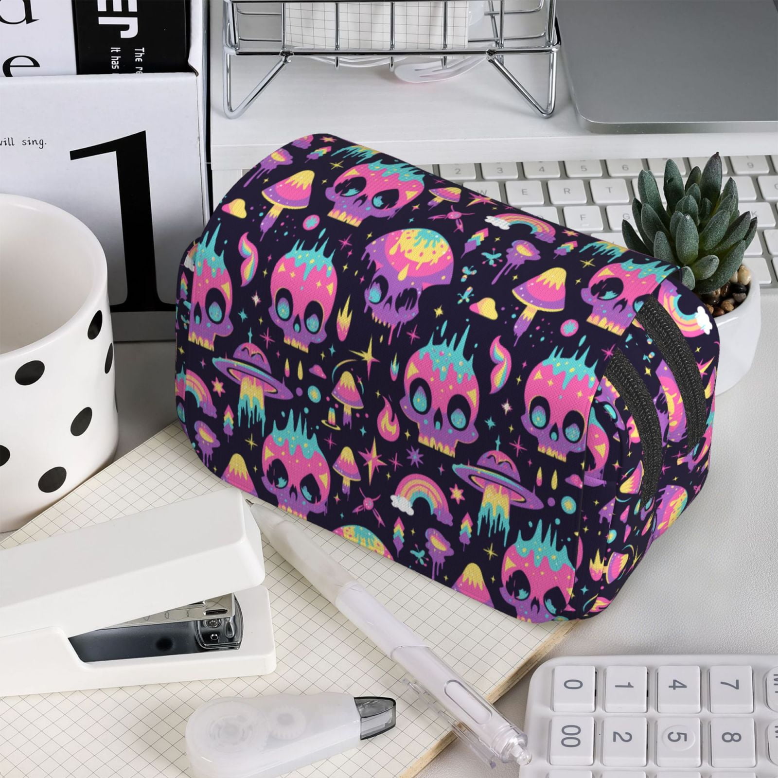 Rateoe cartoon Skull rainbow space Pattern Double Clamshell Pen Case, Storage Organizer with Two Zipper Compartments– Holds Up to 50 Pencils & Pens