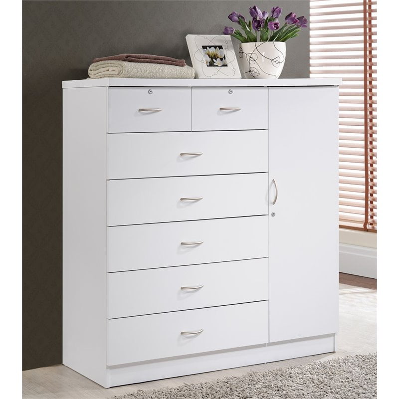 Hodedah 7-Drawer Chest with Locks on 2-Top Drawers Plus 1-Door 3-Shelves - White