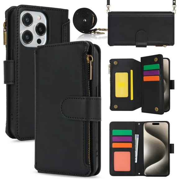 Wallet Case Compatible with iPhone 15 Pro Zipper Luxury ID Cash Credit Card Slots Holder Crossbody Lanyard Folio PU Leather Cover [Detachable Magnetic Hard Case] with Strap, Black