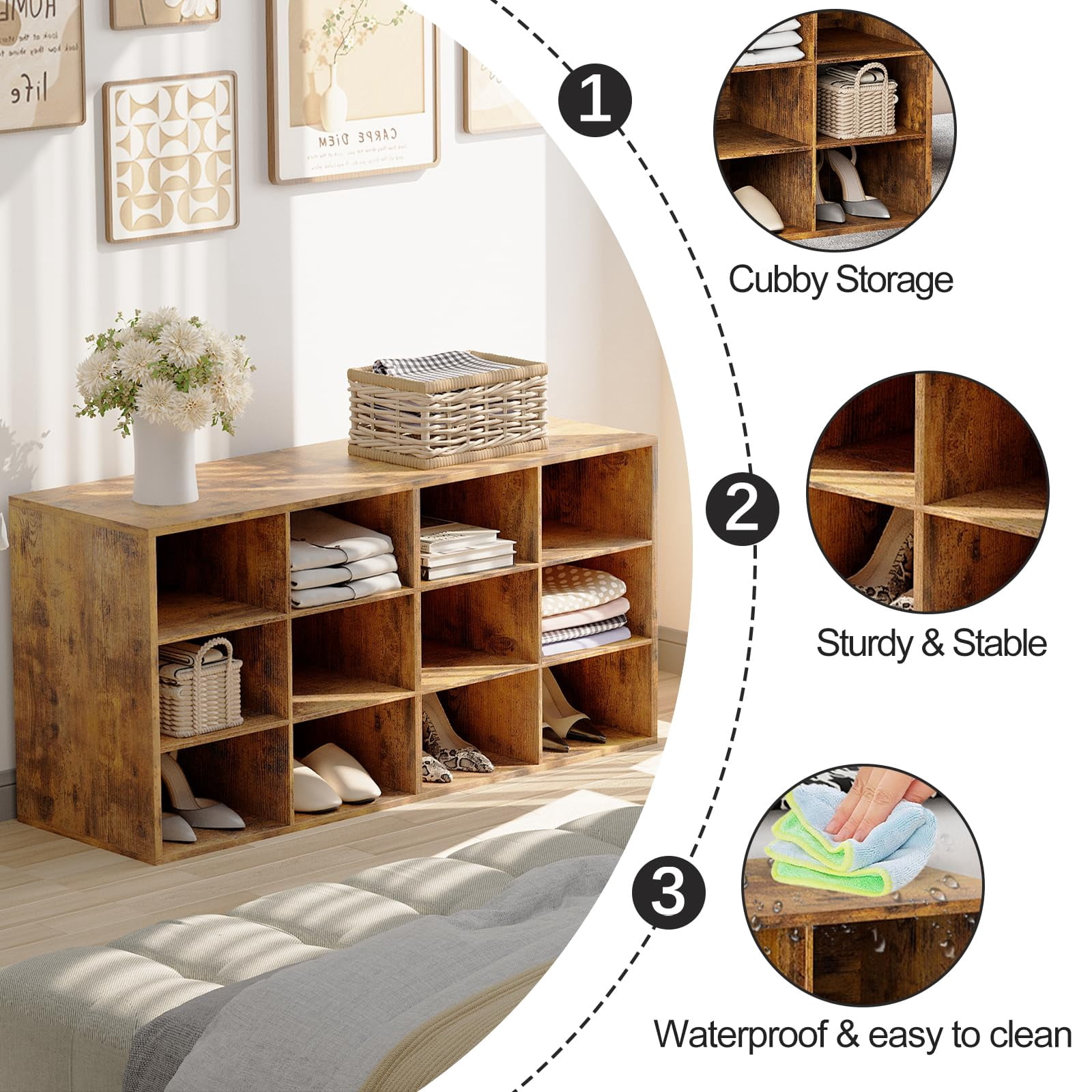 Shoe Storage Bench, Cubby Shoe Rack with 12 Cubbies, 3-Tier Wood Shoe Rack Organizer, Shoe Organizer Cabinet for Entryway, Hallway, Closet and Garage, Brown