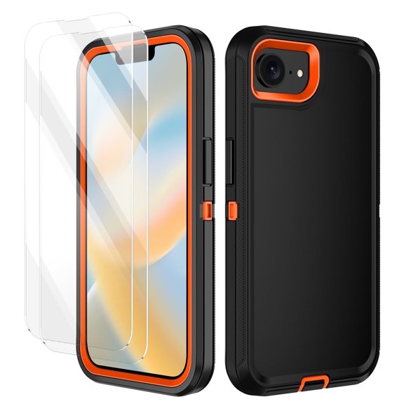 I-HONVA For iPhone 16e Case,[with 2 Pack Screen Protector] 3-Layer Military Grade Drop Anti-Slip Bumper Rugged Shockproof Dustproof Protection 6.1 inch Phone Case for Apple iPhone 16e,Black/Orange