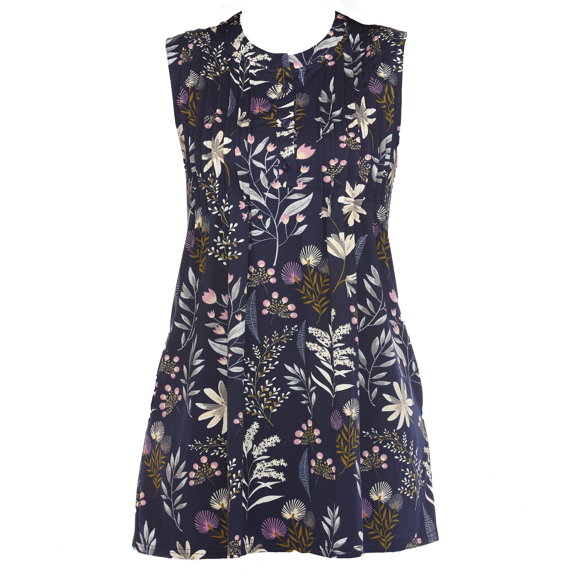White Mark Women's Sleeveless Floral Pleated Tunic Top with Pockets