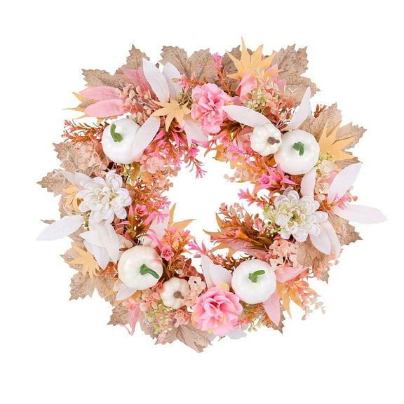 Fall Wreath Autumn Wreath With White Pumpkins And Pink Flowers Leaves Farmhouse Fall Floral Wreath For Front Door Thanksgiving