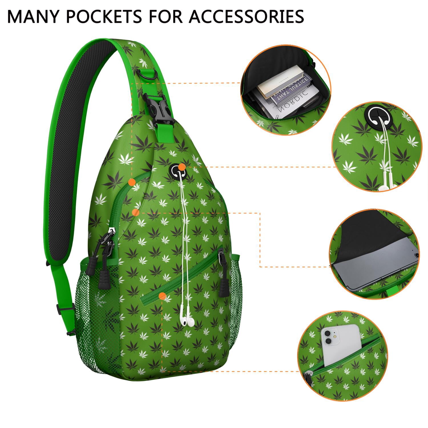 Colorful Weed Sling Bag for Men & Women - Durable Chest Bag with Secure Zippers for Biking & Urban Use - Hemp Leaf & Marijuana Leaf Aesthetic